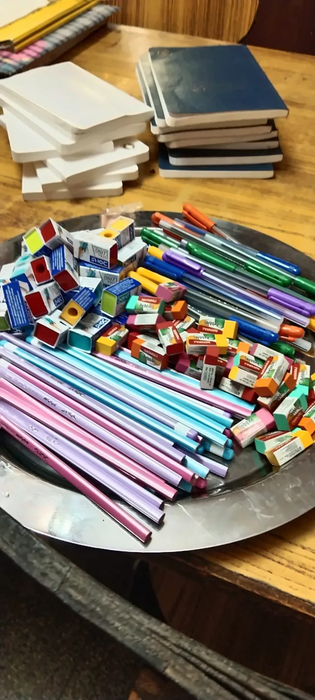 Notebooks, pencils, pens, erasers and sharpeners laid out on a steel plate